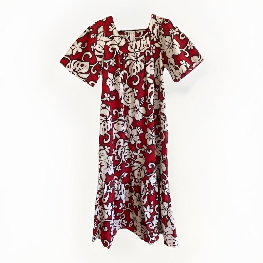 Chin Lan Vintage‎ Dress L Red Hawaiian Floral Maxi Muumuu Tiki Mr. Roper USA